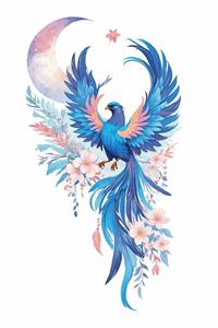 نقاشی رنگی مرغ آمین در میان شکوفه‌ها و ماه ایده کاغذ دیواری سه بعدی برای پشت تلویزیون و نشیمن