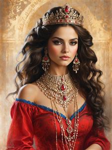 نقاشی رنگی پرتره زن جذاب ایرانی با تاج یاقوت‌نشان و جواهرات خیره‌کننده مناسب پوستر دیواری مزون و سالن عقد