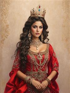 نقاشی دیجیتال چهره زن باوقار ایرانی با تاج شاهانه و لباس قرمز ایده پوستر دیواری برای فضاهای کلاسیک و لاکچری