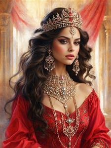 تصویر هنری زن پارسی با لباس قرمز و تاج سلطنتی در تالار عمارت قدیمی مناسب برای قاب دکوراتیو و دیوار لابی هتل