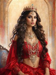 نقاشی رنگی ملکه زیبای شرقی با لباس دکلته قرمز و آرایه های سنتی ایده دیوارپوش فانتزی برای مزون های لباس و آرایشگاه
