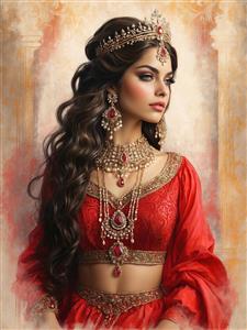 طرح گرافیکی بانوی نجیب‌زاده ایرانی با پوشش اصیل و تاج جواهرنشان مناسب چاپ روی پرده و روتختی اتاق خواب بزرگسال