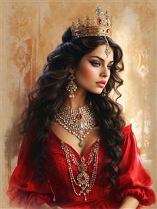 تصویر نقاشی شده پرتره زن اشرافی پارسی با تاج طلا و جواهرات لوکس ویژه پوستر دیواری عمودی در اتاق خواب مستر