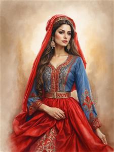 نقاشی دیجیتال زن زیبای ایرانی با لباس محلی قرمز و سنتی مناسب چاپ پوستر دیواری اتاق خواب و پذیرایی لوکس