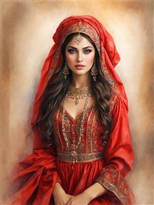 تصویر هنری زن با حجاب استایل و سربند قرمز کار شده ویژه چاپ روی محصولات فرهنگی و مذهبی نوین