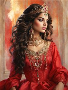 طرح گرافیکی زن اصیل با تاج زمرد و جامه سرخ مناسب برای چاپ روی فرش‌های تصویری و تابلو فرش‌های مدرن