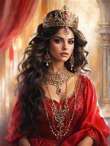 تصویر اشرافی ملکه پارسی در میان پرده‌های سرخ لایه لایه ویژه پوستر دیواری پشت تختخواب و اتاق‌های VIP