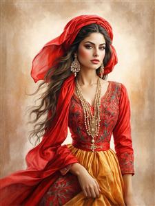 استایل کلاسیک زن ایرانی با شال قرمز بلند و دامن اخرایی مناسب برای پوستر دیواری راهرو و فضاهای هنری