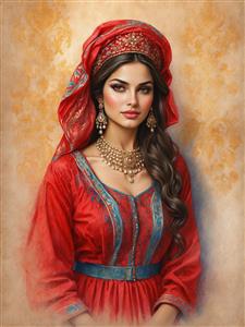 طرح زن پارسی با سربند قرمز و آرایش ملایم شرقی ویژه پوستر دیواری ۳ بعدی اتاق خواب و سالن‌های اسپا