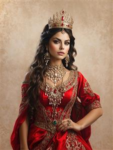 پوستر دیواری چهره مقتدر ملکه ایرانی با لباس قرمز تیره و تاج یاقوت‌نشان برای دکوراسیون اتاق کنفرانس و فضاهای مدیریتی