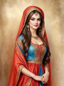 نقاشی هنری بانو با شال قرمز و لباس فیروزه‌ای قجری مناسب برای دیوار پوش‌های سه بعدی و روتختی‌های چاپی
