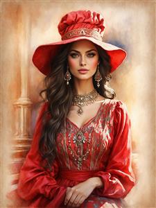 طراحی رنگی بانوی باوقار ایرانی با کلاه لبه‌دار قرمز و استایل کلاسیک مناسب قاب دکوراتیور و دفتر کار بانوان