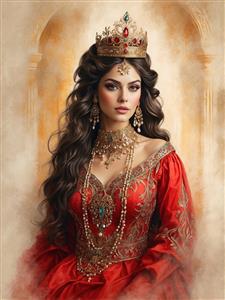 پوستر دیواری لوکس از چهره زن قاجاری با متد نقاشی مدرن و گردنبندهای مروارید برای دکوراسیون داخلی هتل و عمارت‌های سنتی