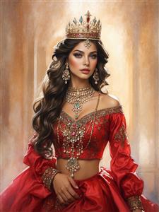 تصویر هنری دختر زیبای ایرانی با لباس عروس قرمز و تاج پادشاهی برای پوستر دیواری سه بعدی مزون‌های لباس و سالن زیبایی