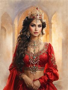 نقاشی دیجیتال ملکه اصیل ایرانی با تاج جواهرنشان و لباس قرمز اشرافی مناسب پوستر دیواری پذیرایی و تالارهای مجلل