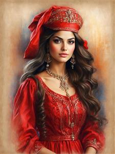 پوستر دیواری سه بعدی زن ایرانی با کلاه سنتی و لباس قرمز برای دکوراسیون داخلی کافه تریای هتل‌های سنتی