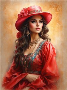 تصویر گرافیکی زن ایرانی با کلاه شیک قرمز و لباس کلاسیک جهت استفاده در دکوراسیون اتاق مدیریت و فضاهای هنری