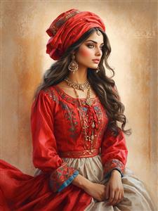 طرح نقاشی زن ایرانی با لباس محلی و سربند سنتی قرمز مناسب برای کاغذ دیواری رستوران‌ها و اقامتگاه‌های بوم‌گردی