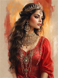 نقاشی دیجیتال زن ایرانی با آرایش غلیظ و جواهرات پرزرق و برق ویژه پوستر دیواری مزون‌های لوکس و تالار عروسی