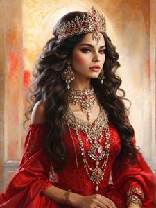 طرح هنری ملکه ایرانی با جواهرات یاقوت و لباس قرمز ویژه چاپ روی تابلو شاسی و قاب‌های دکوراتیو سالن زیبایی