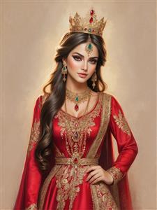 نقاشی پرتره زن اشرافی ایرانی با تاج و لباس گل‌دوزی شده قرمز مناسب برای پوستر دیواری سالن‌های پذیرایی بزرگ