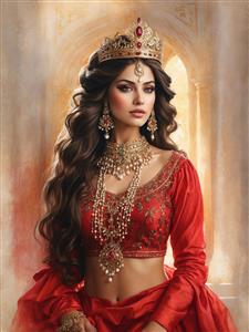 تصویر زن زیبای ایرانی با تاج مرصع و لباس قرمز کلاسیک برای دیوار پشت تلویزیون و دکوراسیون خانه‌های لوکس