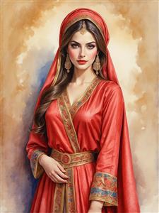پوستر دیواری لوکس طرح نقاشی زن ایرانی با لباس قرمز و کمربند زرین برای پشت میز پذیرش هتل و محیط‌های اداری