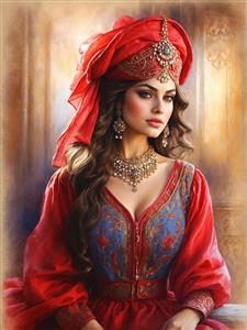 پوستر دیواری سه بعدی چهره زن ایرانی با سربند قرمز و لباس سنتی ویژه دکوراسیون مزون‌های لباس و سالن‌های زیبایی