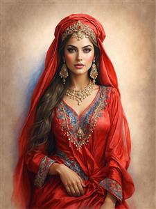 طرح زن اصیل ایرانی با جواهرات مجلل و لباس قرمز برای تابلو دکوراتیو لابی هتل و تالارهای پذیرایی کلاسیک