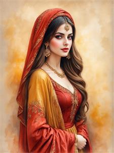 نقاشی آبرنگی از دختر زیبای ایرانی با لباس نارنجی و زرد برای پوستر دیواری مهدکودک، اتاق کودک و طراحی کتاب داستان