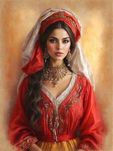 نقاشی چهره زن اصیل با لباس محلی زرد و قرمز و شال سفید مناسب برای چاپ روی کالای خواب، کوسن و پرده‌های سنتی