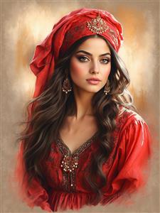 طرح هنری بانوی ایرانی با سربند سنتی و شال قرمز ویژه چاپ روی بوم نقاشی و پوستر دیواری اتاق خواب دخترانه