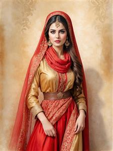 پوستر دیواری لوکس از چهره زن ایرانی با لباس طلایی و قرمز و کمربند چرمی مناسب برای دکوراسیون پشت میز پذیرش و لابی