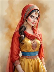 طرح نقاشی دیجیتال دختر روستایی اصیل ایرانی با لباس رنگارنگ و شال قرمز ویژه چاپ پوستر، روتختی اتاق کودک و نوجوان و کتاب