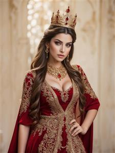 عکس گرافیکی زن قدرتمند ایرانی با تاج یاقوت نشان و لباس فاخر برای پوستر دیواری مزون‌های لباس و تالارهای تشریفات