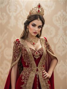 طرح دیوارپوش دکوراتیو با تصویر بانو، تاج سلطنتی و لباس قرمز گلدوزی شده مناسب هتل‌ها و تالارهای لوکس