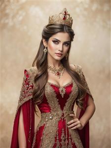 پوستر دیواری طرح نقاشی ملکه با لباس مخمل قرمز و تاج مرصع برای دکوراسیون کلاسیک پذیرایی و اتاق خواب بزرگسال