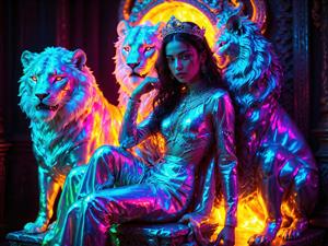 طرح عمودی پوستر دیواری سلطنتی مدرن با فیگور زن و شیرهای درخشان مناسب دکوراسیون پشت میز مدیریت و سالن پذیرایی