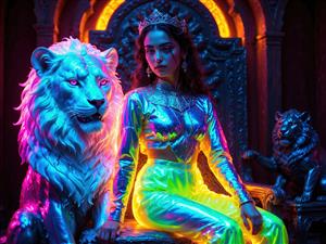 تصویر هنری بانو و شیر نشسته بر تخت پادشاهی با جلوه‌های نوری مدرن جهت چاپ روی شاسی و پوسترهای دیواری