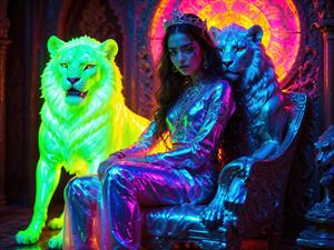 طرح گرافیکی ملکه و شیرهای نورانی نئون برای پوستر دیواری پذیرایی لوکس و تابلوهای دکوراتیو بزرگ