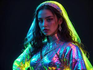 پوستر دیواری نئونی طرح سایبرپانک زن با لباس درخشان و حجاب فانتزی برای اتاق گیمینگ، گیم‌نت و کافه‌های مدرن