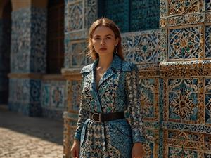 عکس هنری زن با پالتو طرح کاشی اسلیمی مقابل دیوار کاشی‌کاری قدیمی مناسب چاپ روی پرده و پوستر دیواری مدرن