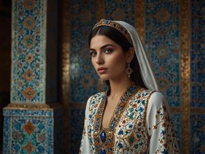 پوستر دیواری با طرح کاشی‌کاری ایرانی و بانو با لباس سنتی سفید برای دکوراسیون سنتی، رستوران‌ها و هتل‌های سنتی