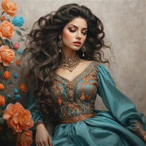 تصویر باکیفیت بانوی شرقی با آرایش غلیظ و جواهرات مجلل برای چاپ روی تابلوهای تزئینی و پوستر سه بعدی سالن‌های زیبایی و مزون