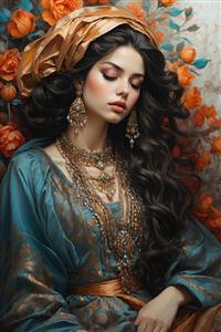 تصویر زن ایرانی با پوشش سنتی و توربان طلایی در میان گل‌های رز برای تولید پوستر دیواری سه بعدی اتاق خواب و فضای نشیمن