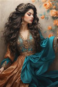 نقاشی دیجیتال بانوی ایرانی در حالت نیم‌رخ با تاج ظریف و لباس چین‌دار فیروزه‌ای جهت دکوراسیون اتاق پذیرایی و سالن ناهارخوری