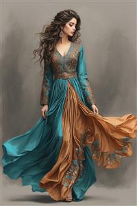 نقاشی تمام قد زن خرامان ایرانی با پیراهن حریر دو رنگ فیروزه‌ای و قهوه‌ای مناسب پوستر دیواری راهروهای عریض و لابی ویلاها