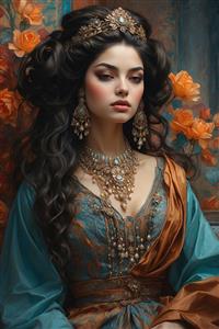 طرح نقاشی ملکه پارسی با تاج مرصع و لباس فاخر برای پوستر دیواری هتل‌های مجلل، رستوران‌های سنتی و پشت تخت مستر