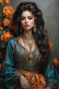 نقاشی پرتره دختر ایرانی با نگاهی نافذ و گردنبندهای چند ردیفه مناسب دکوراسیون داخلی کلاسیک و تولید قاب‌های دکوراتیو لوکس