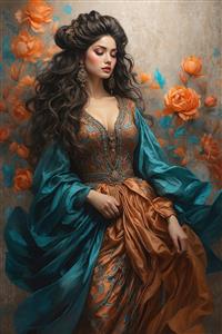 طرح هنری بانوی پارسی با پوشش ابریشمی و موهای حالت‌دار ویژه چاپ پوستر سه بعدی، بوم نقاشی و پرده‌های تزئینی اتاق خواب